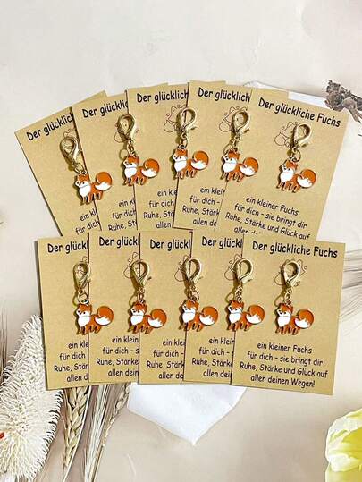 1/5/10pcs Fashion Fox Keychain With German "Happy Fox" Greeting Card - Perfect Gift For Animal Lovers, Best Friends, Loved Ones, Ideal For Christmas, Back To School, Birthday, Wedding, Valentine's Day, Mother's Day, Father's Day, Thanksgiving, Decorative For Bags, Backpacks, Car Keys Gifts For Mother, Father, Graduation, And Teacher
