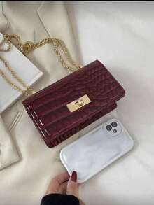 1pc Faux Leather Crocodile Embossed Pattern Mini Chain Shoulder Bag, Fashion - Burgundy - View 2