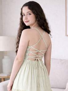 Beautiful Long Elegant Teen Girl Dress For Parties, Modern Casual Summer Stylish, Adjustable Youthful - Sọc xanh - Xem 7