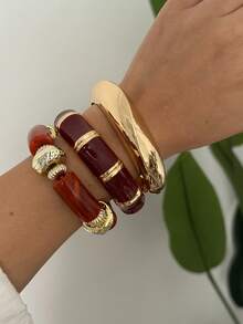 1 Set de Pulsera de Aleación de Color Maillard Combinada con Pulsera Asimétrica de Cuentas de Acrílico, Adecuada para el Uso Diario, Viajes y Combinación de Moda de las Mujeres - Multicolor - Ver 6