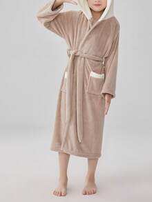 1pc Kids 5-12 Years Soft Coral Fleece Patchwork Bathrobe - Brown - View 6