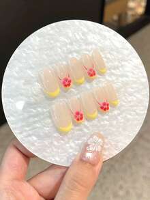 10 Móng Tay Giả Kiểu Pháp Màu Vàng Đơn Giản Và Dễ Thương, Vẽ Tay, Họa Tiết Hoa Phối Hợp, Thích Hợp Cho Phụ Nữ và Bé Gái Tham Gia Các Buổi Gặp Gỡ Hàng Ngày Ở Trường Học. Bạn Có thể sử dụng Móng Tay Giả Hình Hạnh Nhân Thanh Lịch và Sang Trọng với Keo Dán và Miếng Dán Làm Quà Tặng - Màu vàng - Xem 7