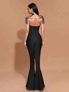 Sexy Strapless Mermaid Style Long Evening Gown, With Pearl Decor Fringed Cape Design, Bodycon Fit, Suitable For Parties, Balls, Banquets - Black - View 9