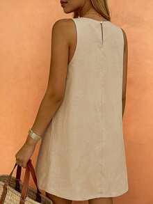 Vestido casual y elegante de cuello redondo sin mangas color caqui para mujer con diseño de estrella de mar, para primavera/verano - Caqui - Ver 4