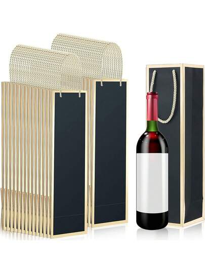 10个/1个/葡萄酒袋 散装葡萄酒瓶礼品袋 带提手 可重复使用 金箔印花牛皮纸酒瓶礼品袋 适用于婚礼、新娘送礼会、生日用品（黑色）