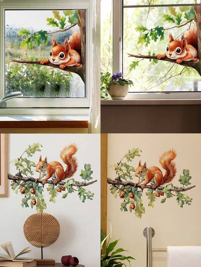 1PC Squirrel Window Cling, Perched On A Branch Surrounded By Vibrant Green Leaves. This Removable Decal Is Perfect For Decorating Living Room Or Bedroom Windows