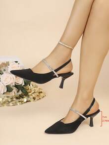 New Women's High Heel Pumps, Black Suede Pointed Toe Stilettos, Solid Color With Elastic Closure And Rhinestone Strap, Suitable For Work And Dates, Spring/Summer/Autumn - Black - View 12