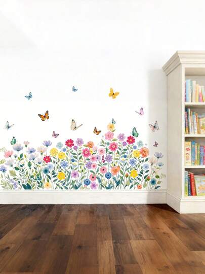 Creative Plant And Flower Butterfly Skirting Board Wall Sticker Decoration For Living Room And Bedroom Waist Line Home Decoration Self-Adhesive