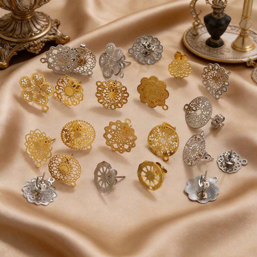 6件套不锈钢波西米亚镂空耳环，DIY珠宝配件 - 銀色 - 查看 1