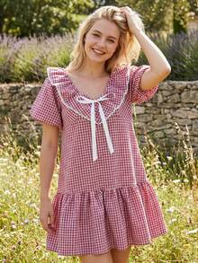 Vestido a Cuadros para Mujer, Cuello Cuadrado y Manga Corta Abullonada, Mini con Borde Volante, Holgado para Uso Diario y Vacaciones de Verano - Rojo - Ver 5