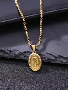 18K Gold Plated Silver Tone Guadalupe Virgin Mary Oval Pendant Necklace For Men Women 316L Stainless Steel Virgin Mary Box Chain Necklace - Gold - View 5