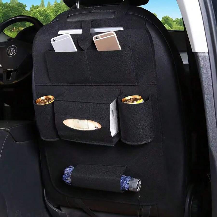 1pc Car Seat Back Storage Bag - Multifunctional Felt Organizer Bag With Cup Holder, Smartphone Pocket And Accessory Compartment, Car Interior Storage Bag, Car Accessories - A - View 1