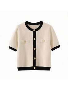 DEEKA Summer New Women's French Contrast Color Button Round Neck Fitted T-Shirt Short Sleeve Knit Cardigan Spring - White 1 - View 4