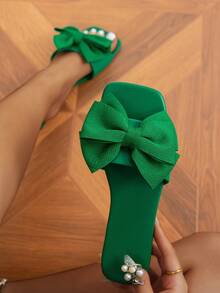 Sandalias planas para mujer, versátiles, con lazo negro, casuales, de punta abierta, nuevas para el verano 2025, zapatos de playa y ocio para uso al aire libre - Verde - Ver 2