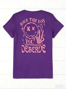 Women's 'Have A Day You Deserve' Graphic T-Shirt - Black, Breathable Short Sleeve Crew Neck Top With Happy Face And Letter Design, Casual Summer Wear - 紫色 - 查看 1