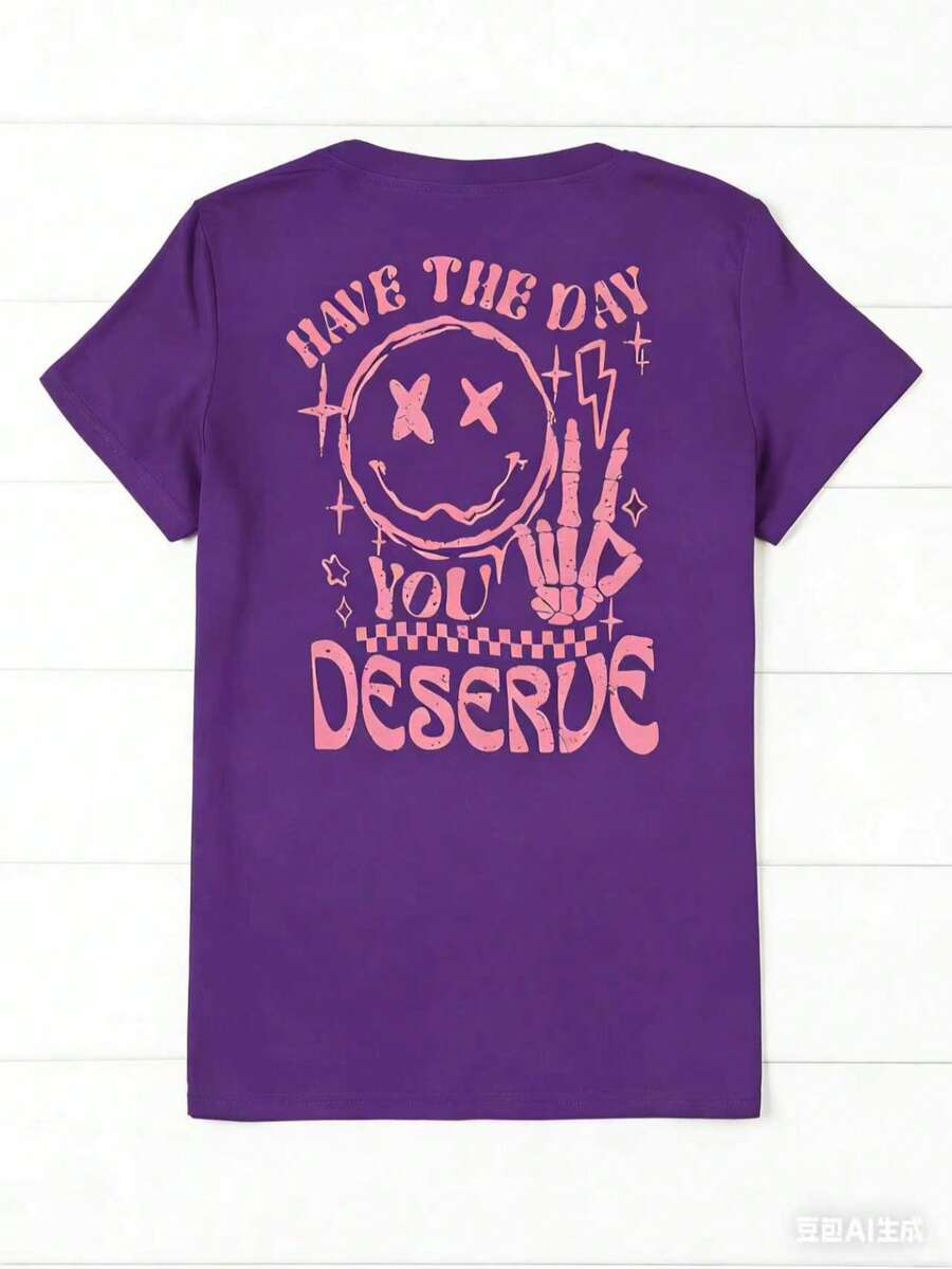 Women's 'Have A Day You Deserve' Graphic T-Shirt - Black, Breathable Short Sleeve Crew Neck Top With Happy Face And Letter Design, Casual Summer Wear - 紫色 - 查看 1