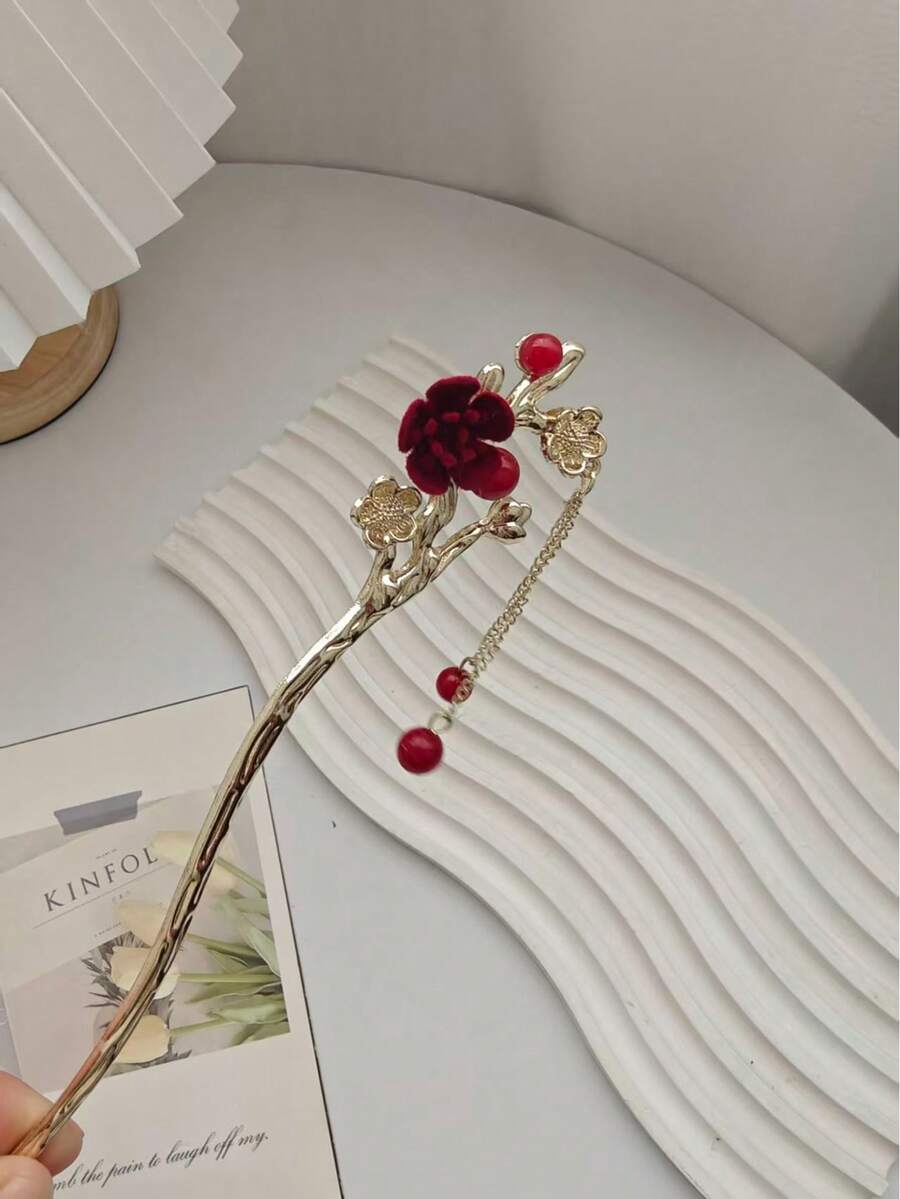 1pc New Chinese Style Tassel Flower Hair Clip, Elegant Bun Hairpin For Hanfu And Cheongsam, Headpiece, Hair Styling Pins - Multicolor - View 1