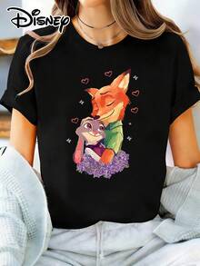 Women's Disney Zootopia Nick & Judy Couple Print Casual Cotton T-Shirt, Men's Sizes Suitable For The Whole Family - 黑色 - 查看 1