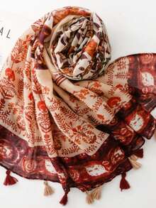 Women's Retro French Ditsy Floral Scarf, Soft Chiffon Floral Shawl Wrap, Caramel Color - Orange - View 3