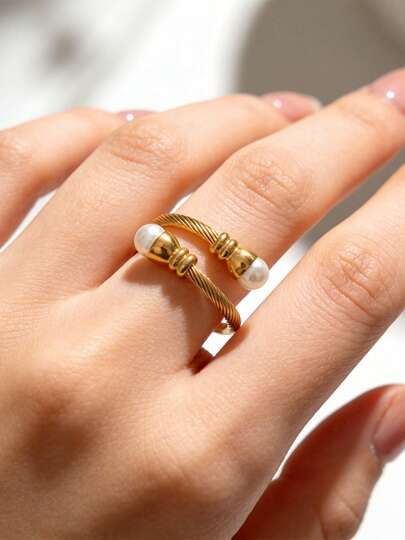 1pc 18K Gold Plated Vintage Twisted Pearl Double-Headed Ring, Stainless Steel Jewelry For Women, Suitable For Wedding, Vacation, Date, Daily Wear, Birthday & Holiday Gift