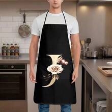 1 pieza Delantal de cocina elegante con letra dorada J y estampado de rosa, delantal de cocina de moda para mujeres, resistente a las manchas - J - Ver 35