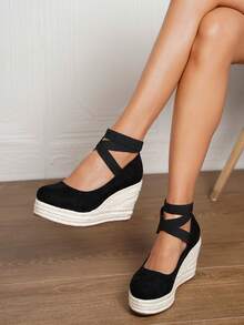 女士仿皮坡跟凉鞋，3.54英寸方头高跟踝带套脚鞋，舒适草编沙滩鞋，尺码34-43（小号和大号） - 黑色 - 查看 2