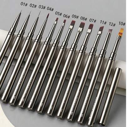 Bộ 1/12 cọ vẽ móng nghệ thuật bằng kim loại, thích hợp cho các đường kẻ dài, chi tiết nhỏ, vẽ tinh tế và tô màu mềm mại.