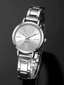 Sparkling Party Compact Quartz Watch & Bow Tie Bracelet Necklace Ring Earrings Jewelry Set, Petite Round Case Design, Suitable As Daily, Party, Prom, Back To School Elegant Gift, Birthday Gift - Silver - View 4