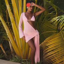 3 Pcs Solid Color One Shoulder Hollow Out Sexy Cover Up Dress, Sheer Asymmetrical Swimwear Cover Up - 粉紅色 - 查看 4