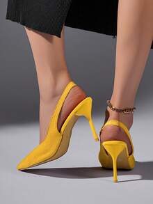 10cm High Heel Pointed Toe Hollow Out Formal Dress Sandals, Elegant Yellow High Heels Suitable For Weddings And Parties - Yellow - View 5