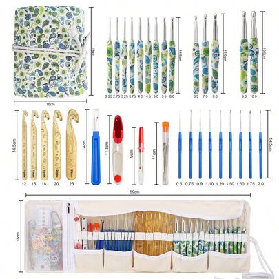 125 piezas Juego de Ganchos de Ganchillo, Kit Completo de Ganchillo y Tejido con Bolsa de Almacenamiento, Accesorios de Ganchillo de Metal Verde, Adecuado para Principiantes y Entusiastas Experimentados del Ganchillo