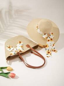 1 Straw Hat + 1 Bag, Vacation Beach Set - Beige Yellow Ribbon - View 8