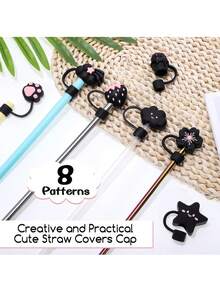 Compatible With Stanley Cup Accessories 9Pcs Black Cue Straw Cover Cap For Cup 40 30oz Tumbler, 10mm Reusable Cute Drinking Straw Topper Accessories, Portable Protector Plugs Decorations Gifts For Party Cute Cartoon Straw Dust Cover, - 黑色 - 查看 4