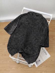 Tricou polo bărbătesc de vară, stil stradal, cu grafică New York, elastic, spălat, aspect vintage, cu guler, închidere cu nasturi, top negru, tricou polo casual de zi cu zi - Negru - Vizualizare 2