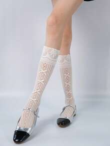 1双女士蝴蝶结镂空蕾丝腿套，Y2Y洛丽塔甜美丝带袜，适合派对和日常穿着 - 白色 - 查看 7