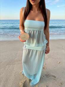 女士针织拼接雪纺褶皱下摆性感优雅时尚度假连衣裙 - 淺藍色 - 查看 3