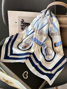 1pc Chain Print Bandana Square Scarf, Women's Satin Printed Headscarf, Neckerchief, Headband, Fashion Ladies Shawl, Scarf - Light Blue - View 2