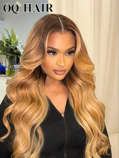 OQ Hair Wear And Go Ombre Wavy Lace Front Wig, 180% Density, 22-28 Inch Pre-Cut Pre-Plucked Human Hair Wig, Invisible Lace, Breathable Lace, Fast Shipping, Suitable As Gift, Create Warm Atmosphere, Suitable For Beach, Wedding, Christmas, Halloween, Travel, Y2K Style, Fashion, Holiday Vacation, For Women