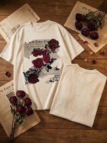 New American-Style 100% Cotton T-Shirt Suitable For Both Men And Women. Featuring Fun Retro Rose And Newspaper Cartoon Letter Pattern Prints. This Street-Style Korean-Style Comfortable Retro Fashion Commuting Versatile Y2k Clothing. Regular Small-Scale Punk-Style Fitted Black Round-Neck Short-Sleeved Washed T-Shirt From The Washed-Out Retro Series. Comfortable Pure Cotton T-Shirt From The Washed-Out Retro Series, Easily Creating Retro Casual Clothing. Suitable For Daily Commuting, Casual Outings, Music Festivals, And Daily Wear. Classic Retro Style. Men's Printed T-Shirt, Women's Printed T-Shirt. - 杏色 - 查看 1