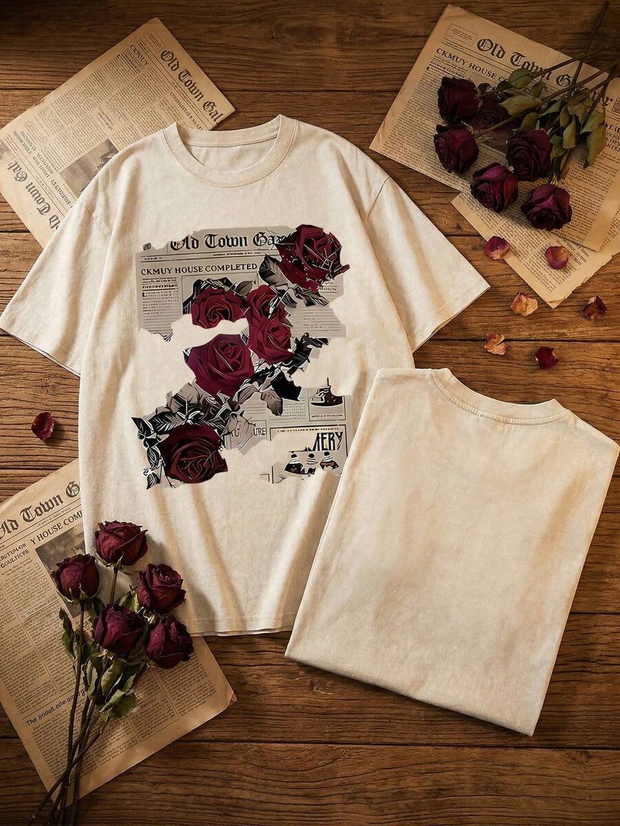 New American-Style 100% Cotton T-Shirt Suitable For Both Men And Women. Featuring Fun Retro Rose And Newspaper Cartoon Letter Pattern Prints. This Street-Style Korean-Style Comfortable Retro Fashion Commuting Versatile Y2k Clothing. Regular Small-Scale Punk-Style Fitted Black Round-Neck Short-Sleeved Washed T-Shirt From The Washed-Out Retro Series. Comfortable Pure Cotton T-Shirt From The Washed-Out Retro Series, Easily Creating Retro Casual Clothing. Suitable For Daily Commuting, Casual Outings, Music Festivals, And Daily Wear. Classic Retro Style. Men's Printed T-Shirt, Women's Printed T-Shirt. - 杏色 - 查看 1