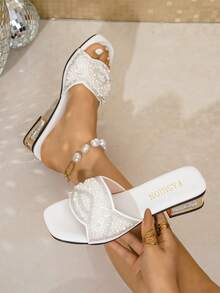 Women's White Pearl Rhinestone Slide Sandals, Low Block Heel For Wedding Party And Daily Wear - White - View 1