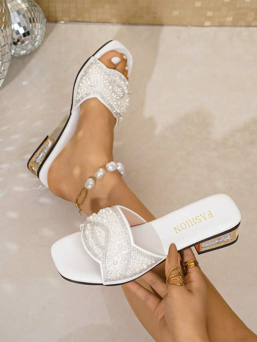 Women's White Pearl Rhinestone Slide Sandals, Low Block Heel For Wedding Party And Daily Wear - White - View 1