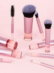 Bộ 10 cọ trang điểm mini màu hồng + 3 bông mút trang điểm (bao gồm cọ nền, cọ phấn phủ, cọ tạo khối, cọ má hồng, cọ phấn mắt, cọ highlight, cọ kẻ lông mày), dụng cụ trang điểm du lịch tiện lợi, bộ cọ trang điểm - Hồng - Xem 7