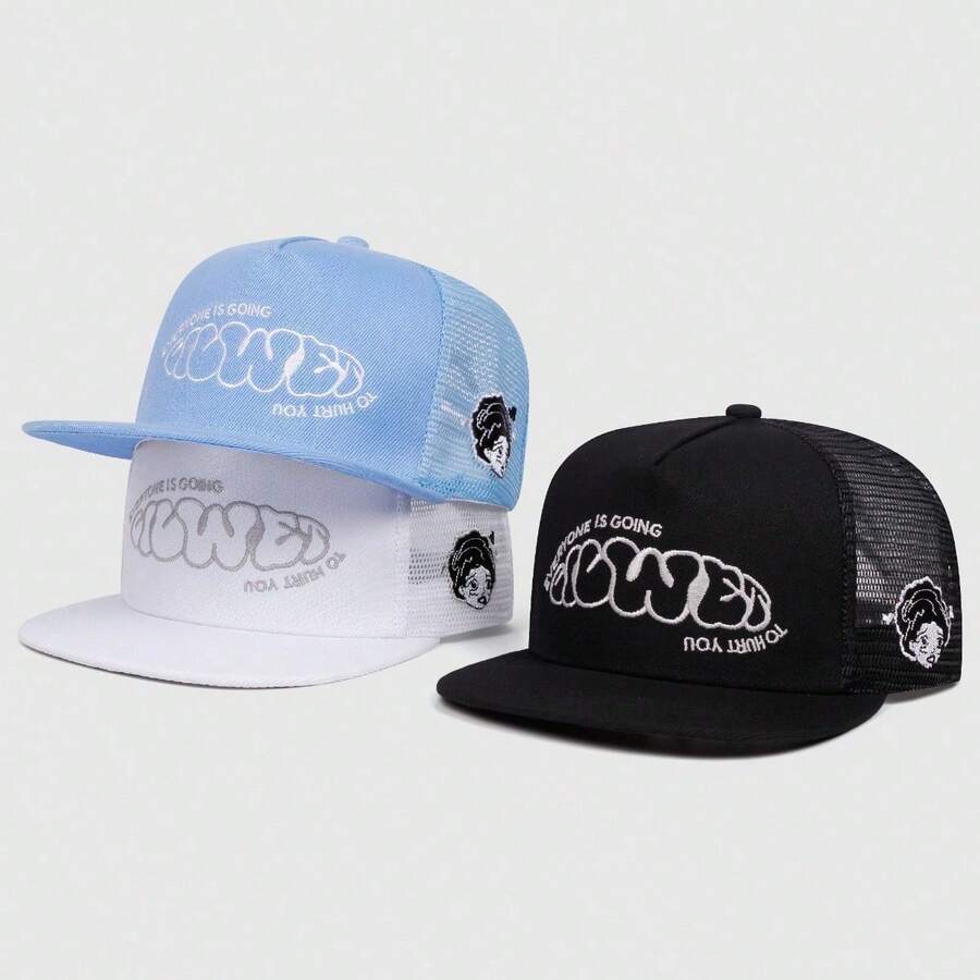 1 pieza Gorra de camión con patrones de dibujos animados entretejidos, con diseño de parte superior plana y estilo casual de uso diario - XY - Ver 1