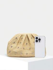 1pc Straw, Beach Style, Rivet Decor, Retro, Minimalist, Fashion Women Pleated Clutch Bag, Suitable For Daily, Beach, Party, Vacation - Khaki - View 3