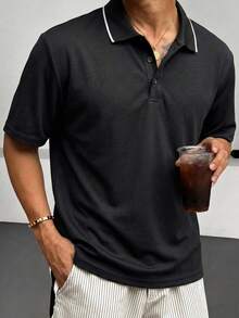 1pc Men's Black Polo Shirt With Contrast Collar, Knit Breathable Fabric, Business Casual Style Suitable For Office, Golf, Weekend - Black - View 5