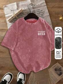 Van Gogh Starry Night Art Design Letter Print Retro Washed Women's T-Shirt, Casual Loose Fit, Summer And Autumn Top - Pink - View 2