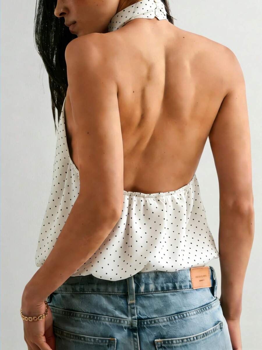 Women Polka Dot Halter Tops Cute Puffy Halterneck Top Sleeveless Open Back Tank Tops Fashion Button Neck Crop Tops Summer Y2K Loose Vest For Club Party Streetwear Going Out Outfit - 白色波點 - 查看 1