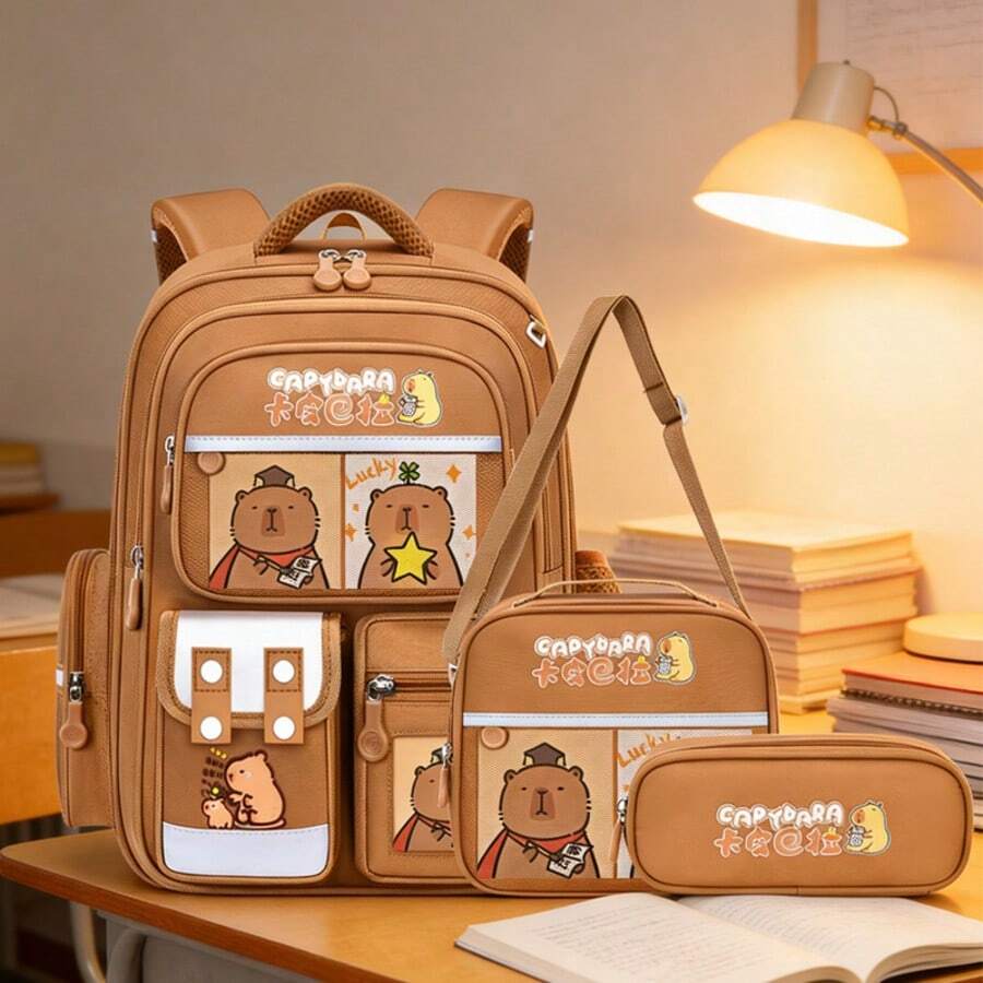 3pcs Fashion Capybara Themed Backpacks With Adjustable Shoulder Straps - Durable Nylon Material, Zipper Closure, Polyester Lining, Printed Design - Perfect Gift For Capybara Lovers, Travel Backpack, Shoulder Bag, Storage Bag, Handbag Gift, Back To School Essential - Rectangle - View 1