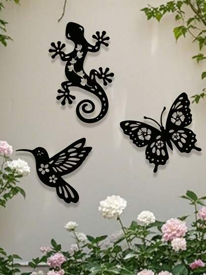 3件套金属蜂鸟、蝴蝶、蜥蜴组合墙饰，剪影风格，无需用电，适合室内、室外、卧室装饰，乔迁新居礼物